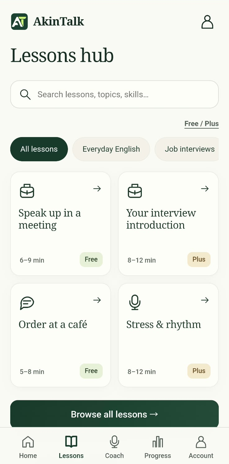 Lessons hub with search, Free and Plus filters and lesson cards